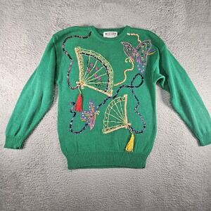 Vtg Sweater Womens M Green 90s Y2K  Asian Fan Butterfly Granny Embroidery Bead